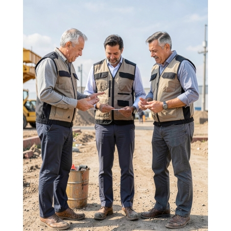 Gilet de travail polaire Mach5 beige et noir — mise en situation : exterieur_chantier_equipe,