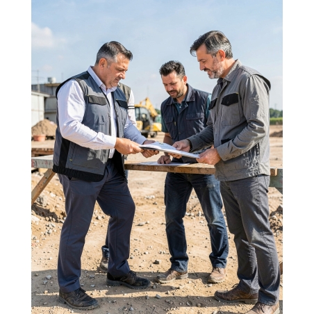 Gilet de travail polaire Mach5 gris et noir — mise en situation : exterieur_chantier_equipe,