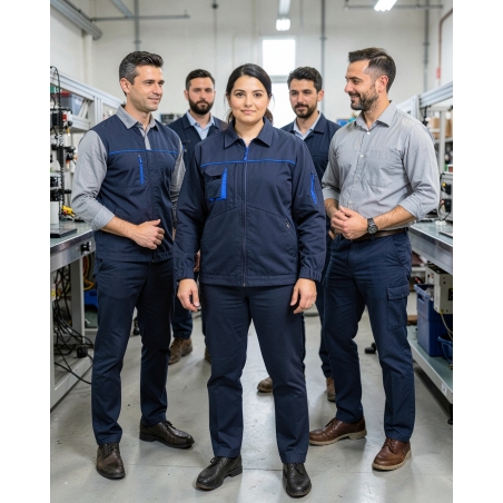 Veste de travail bicolore bleu marine et bleu roi — mise en situation : Industrie, Équipe