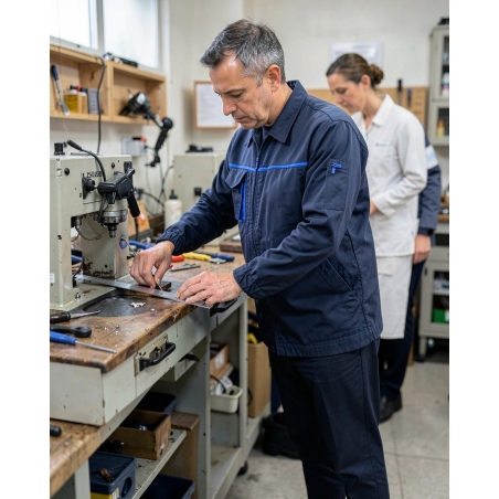 Veste de travail bicolore bleu marine et bleu roi — mise en situation : Industrie, Action métier