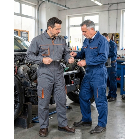 Combinaison de travail 1 zip bicolore Gris et Orange — mise en situation : mecanique_equipe,