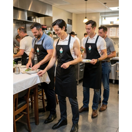 Tablier bavette noir cupcake maison — mise en situation : tablier_salle_equipe,