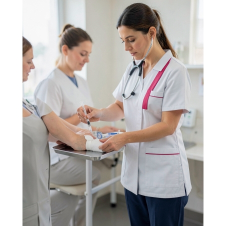 Tunique médicale sergé blanc finition fuchsia — mise en situation : Médical / infirmier, soin_gros_plan