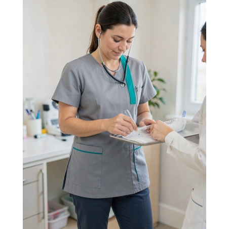 Tunique médicale bicolore gris et turquoise — mise en situation : Médical / infirmier, soin_gros_plan