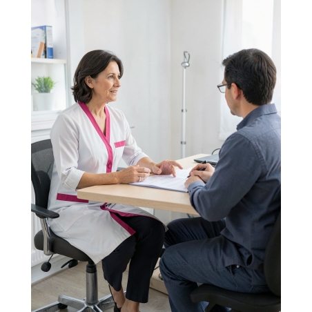 Blouse elasthane blanche finition fushia — mise en situation : Médical / infirmier, bureau_patient