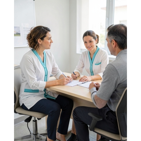 Blouse elasthane blanche finition turquoise — mise en situation : Médical / infirmier, bureau_patient