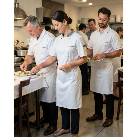 Veste de boulanger respirante – col contrasté & poches Manches courtes — mise en situation : tablier_salle_equipe,