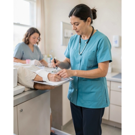 Blouse medicale couleur Turquoise femme Tunique de travail medicale properete aide a domicile — mise en situation : Médical /