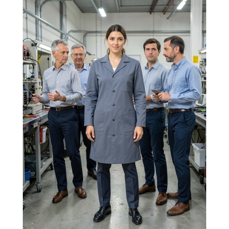 Blouse de Travail Bleu Gris Col Tailleur Personnalisable — mise en situation : Industrie, Équipe