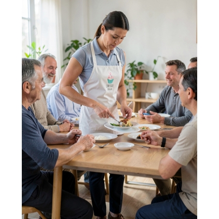 Tablier bavette blanc cupcake maison — mise en situation : tablier_salle_action,