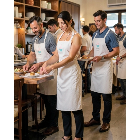Tablier bavette blanc cupcake maison — mise en situation : tablier_salle_equipe,