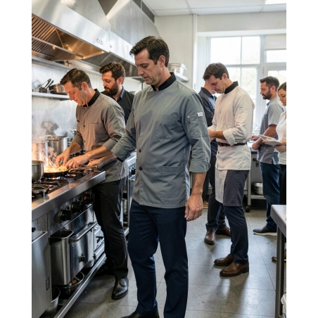Veste de cuisine manches longues gris et noir — mise en situation : Cuisine / restauration, brigade_equipe