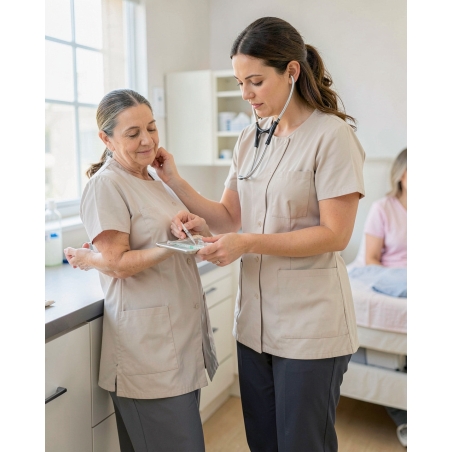 Tunique de travail femme grise manches courte industrie medical logistique vetement de travail femme — mise en situation