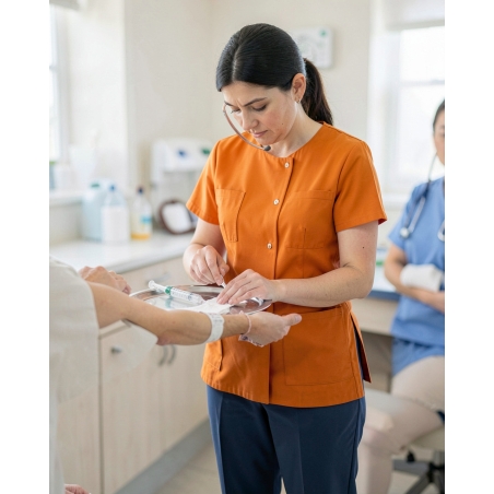 Tunique de travail Orange Femme blouse de travail orange femme medical industrie — mise en situation : Médical / infirmier