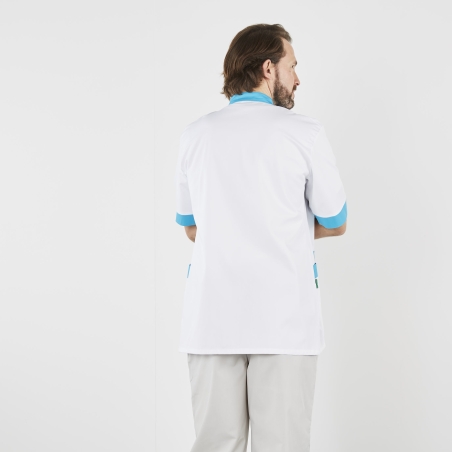 Tunique médicale homme blanche et turquoise, vue de dos de trois quarts