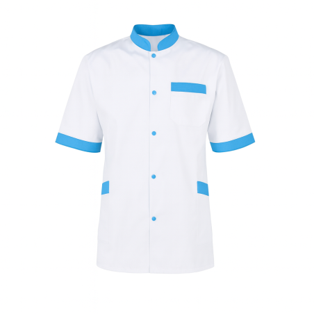 Tunique médicale homme blanche col mao turquoise, vue à plat