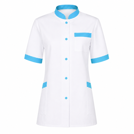 Tunique médicale homme blanche à finitions turquoise, vue de face
