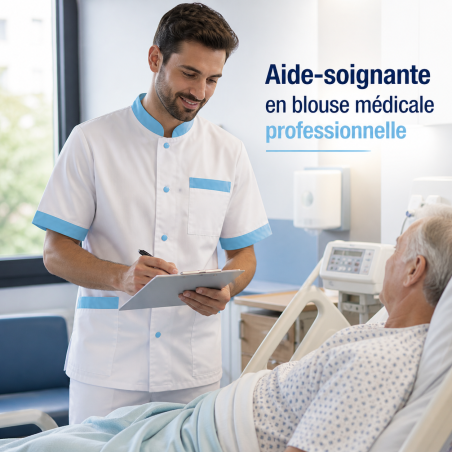 Aide-soignant en tunique médicale homme blanche et turquoise