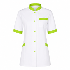 Tunique médicale homme blanche col officier, parements et pressions vert lime, vue de face