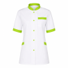 Tunique médicale homme blanche col officier, parements et pressions vert lime, vue de face