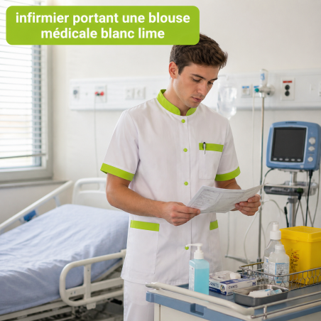 Élève de bac pro soins en tunique médicale homme blanche parements vert lime