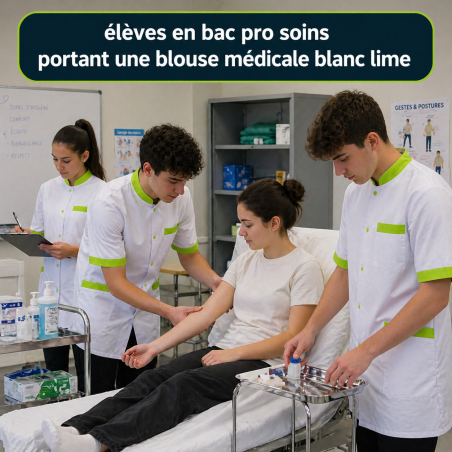 Élèves de bac pro soins en tunique médicale blanche et vert lime en salle de soins