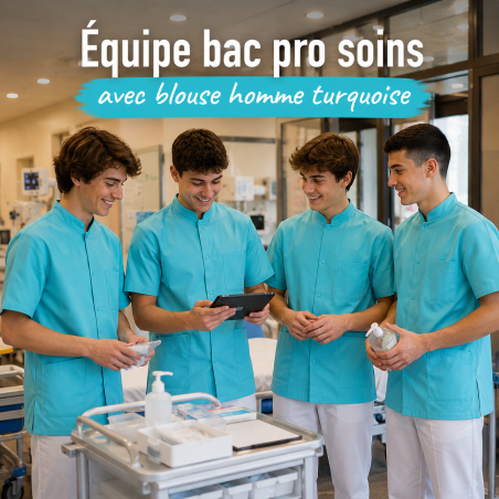 Équipe bac pro soins en blouse homme turquoise col officier