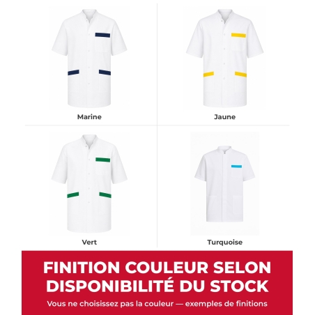 Exemples de finitions de la tunique médicale homme pas cher selon disponibilité du stock : marine, jaune, vert, turquoise