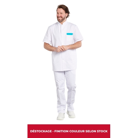 Tunique médicale homme blanche portée, finition turquoise (exemple, couleur selon stock)