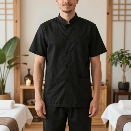 Tunique de travail homme noire 100 % coton portée en institut spa