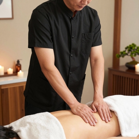 Tunique de masseur homme noire 100 % coton en cabine de massage