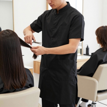 Tunique de travail homme noire 100 % coton en salon de coiffure