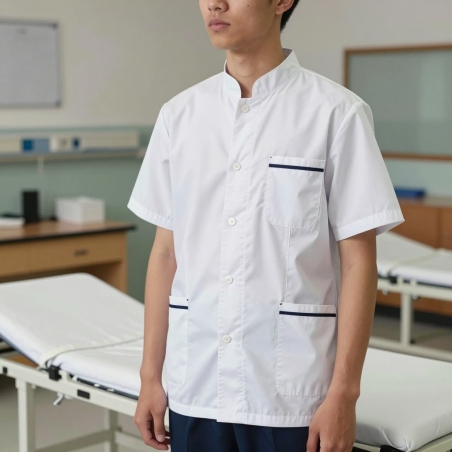 Élève de bac pro ASSP en salle de travaux pratiques, tunique médicale homme blanche à liseré marine