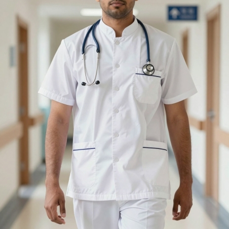 Infirmier à l'hôpital en tunique médicale homme blanche col officier et liseré marine