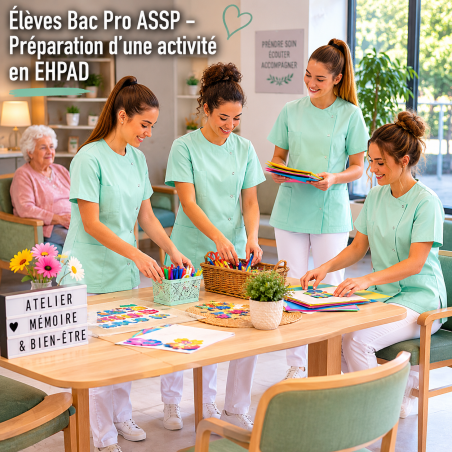 Tuniques médicales Julia vert d'eau portées par des élèves de Bac Pro ASSP en atelier en EHPAD