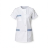 Tunique médicale femme col rond à parement rayé bleu ciel, vue de trois quarts
