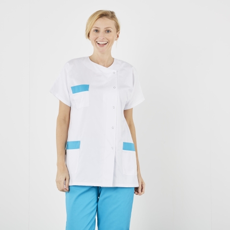 Tunique médicale femme Julia blanche et turquoise, vue de trois quarts