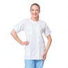 Tunique médicale femme blanche liseré bleu ciel, manches kimono, 3 poches – portée de face