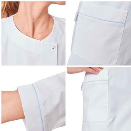 Tunique médicale femme blanche liseré bleu ciel, manches kimono, 3 poches – détails col, poches, revers