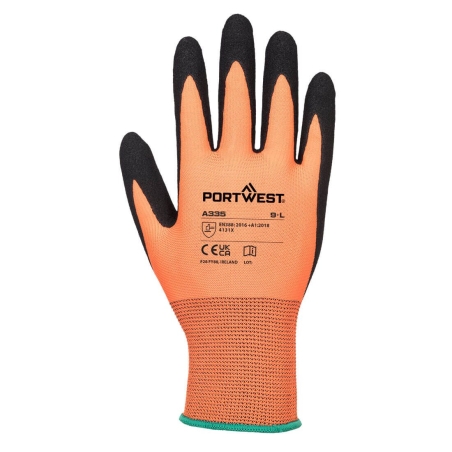 Gant nitrile sablé dextérité niveau 5 jauge 15 Orange/noir – Portwest A335