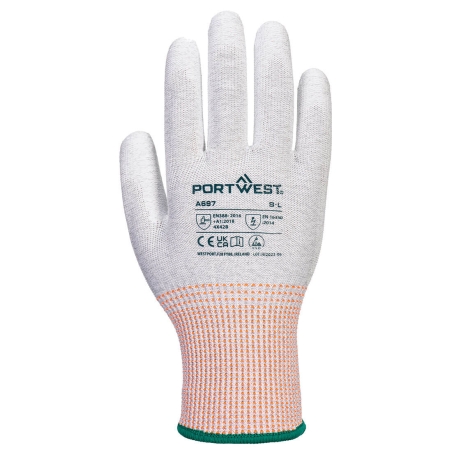Gant paume enduite PU antistatique ESD anti-coupures niveau B Gris/blanc – Portwest A697, paquet de 12 paires