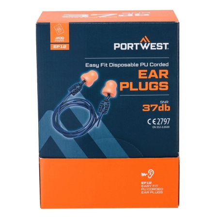 Bouchons d'oreille Bell Comfort en mousse PU avec cordon Orange – Portwest EP12, boîte de 200 paires
