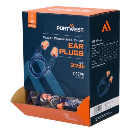 Bouchons d'oreille Bell Comfort en mousse PU avec cordon Orange – Portwest EP12, boîte de 200 paires