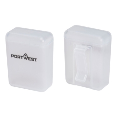 Boîte de rangement pour bouchons d'oreille avec clip ceinture Blanc – Portwest PA09, boîte de 50
