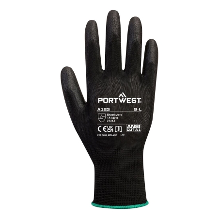 Gant enduit PU sans latex jauge 13 pour travaux de précision Noir – Portwest A123, carton complet de 144 paires