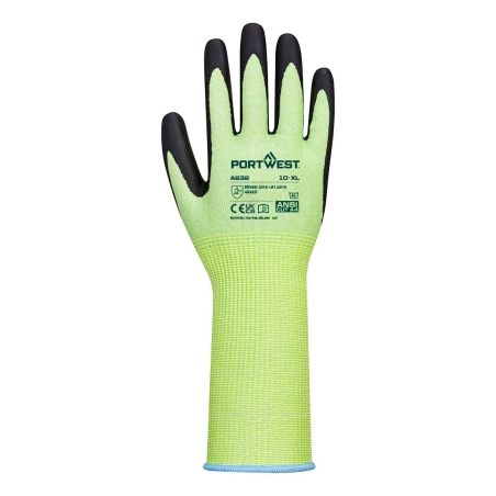 Gant anti-coupure niveau D poignet long mousse nitrile Vert/noir – Portwest A632
