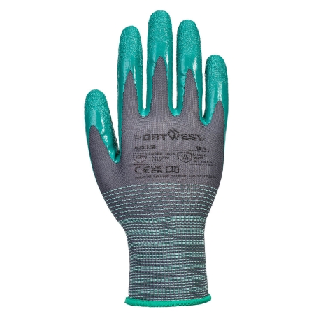 Gant enduit nitrile strié résistant chaleur et huile Gris/vert – Portwest A313, paquet de 12 paires