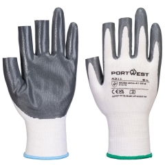 Gant grip 3 doigts ouverts en nitrile résistant huile et abrasion Blanc/gris – Portwest A311, lot de 12 paires