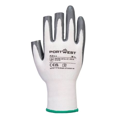 Gant grip 3 doigts ouverts en nitrile résistant huile et abrasion Blanc/gris – Portwest A311, lot de 12 paires