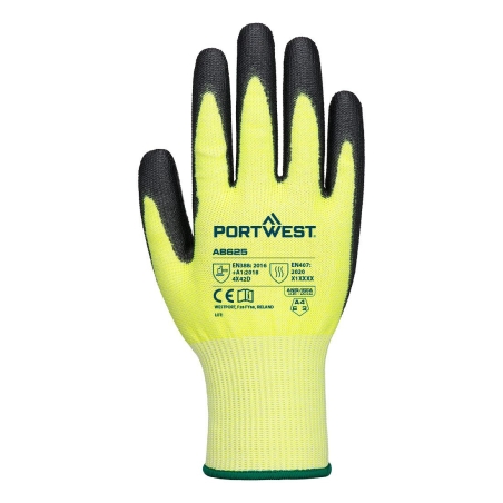 Gant anti-coupure niveau D enduit PU doublure sans couture Jaune/noir – Portwest AB625, lot de 12 paires